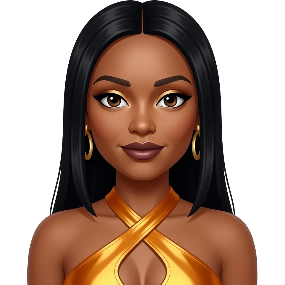 Rozonda Chilli Thomas from TLC with dark brown eyes, long black straight hair, gold eyeshadow, dark brown lipstick, yellow-orange metallic halter dress, earrings emoji