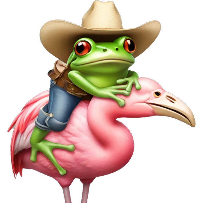 Frog on a flamingo wearing a cowboy hat emoji