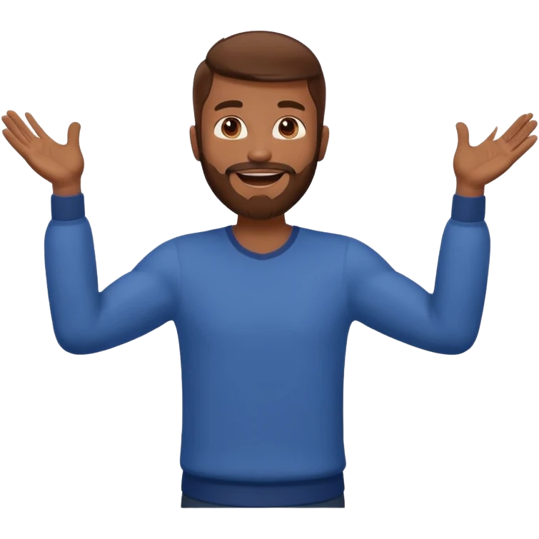 A man with brown hair and beard with his arms open wide waiting for a hug emoji