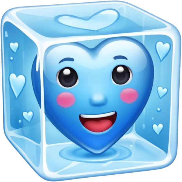 Ice cube with a flat mouthblue heart made of ice, inside an ice cube emoji