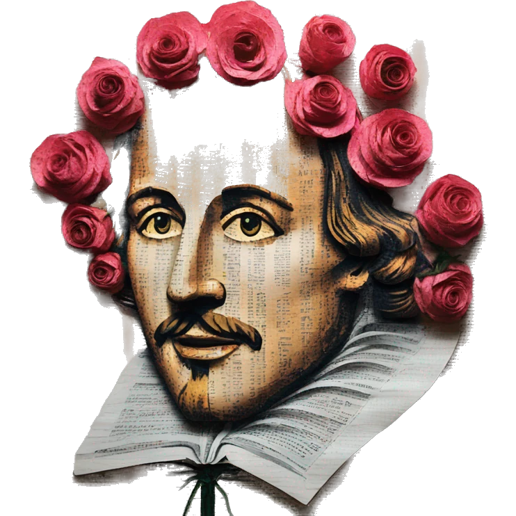 Shakespeare made of newspaper cuttings 420 roses flowers emoji