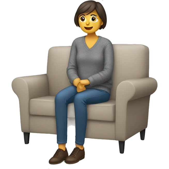 une brune assise dans un canapé avec un pull gris  emoji