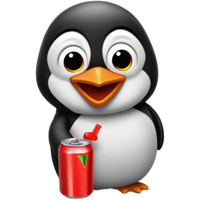 Red Penguin standing looking up excited while holding a Red mountain dew drink in his hand emoji