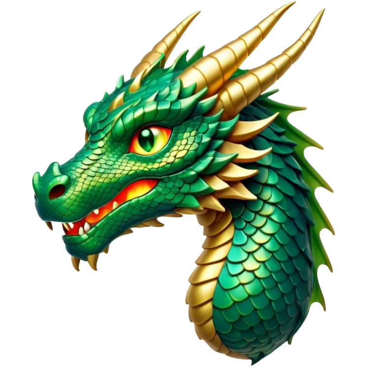 Cinematic Noble Dragon Portrait Emoji, Poised and majestic, with a sinuous, elongated body covered in intricately detailed, shimmering scales in hues of emerald and gold, and piercing, fiery eyes that reflect ancient wisdom; rendered with lifelike texture and natural highlights, high shine, intelligent and formidable, styled with an aura of mythic power, focused and attentive, soft glowing outline, capturing the essence of a legendary dragon that appears ready to soar out of the screen with timeless authority! emoji