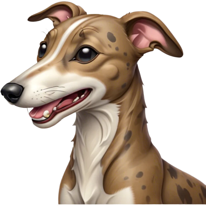 Cinematic Cute Yawning Brindle Greyhound Portrait Emoji, Head tilted slightly with a dramatic, wide-open yawn, showcasing a smooth brindle Fur with a refined pattern, floppy ears slightly drooping, round eyes barely open in drowsy contentment, Simplified yet irresistibly adorable features, highly detailed, glowing with a soft, cozy glow, high shine, relaxed yet expressive, stylized with a touch of whimsy, bright and endearing, soft glowing outline, capturing the essence of a sleepy yet affectionate racer, so drowsy it feels like it could stretch out of the screen and curl up for a nap! emoji