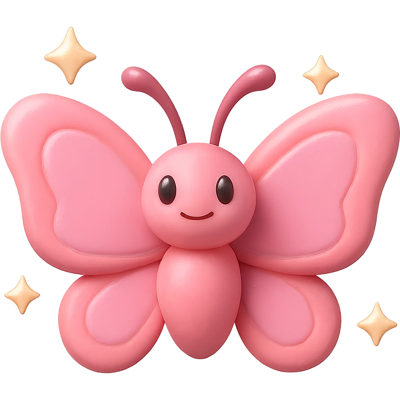 cartoon 3D pink butterfly with sparkles, transparent background emoji