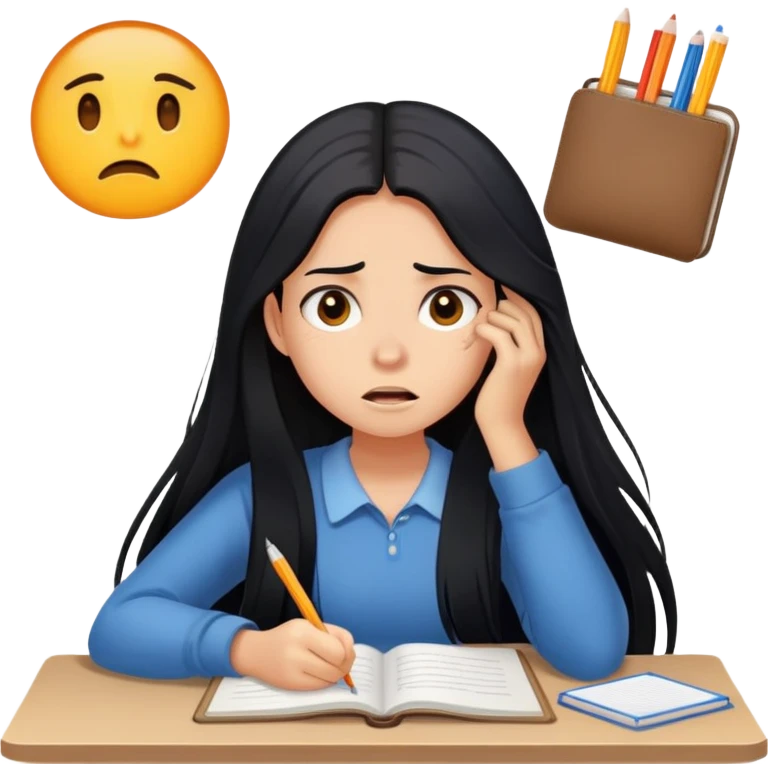 Pretty tanned girl with long black hair, stressed out about homework emoji