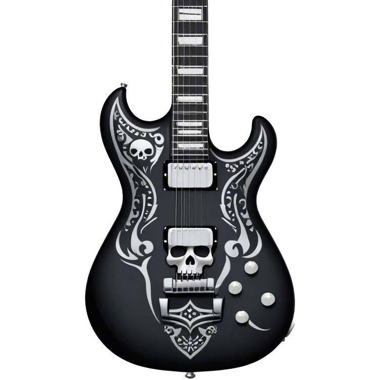 Create a dynamic and bold emoji representing the Dean VMNT AOD electric guitar (V-shaped model) inspired by Dave Mustaine's Angel of Death. The design should feature the sharp, angular 'V' shape of the guitar with a unique, striking graphic, including elements like dark skulls or angel wings to reflect the album's themes. Use bold colors like black with silver or gold accents, and add metallic details like chrome tuning pegs and pickups. The guitar should have a powerful, rebellious look, reflecting the heavy metal vibe. The background should be transparent. emoji