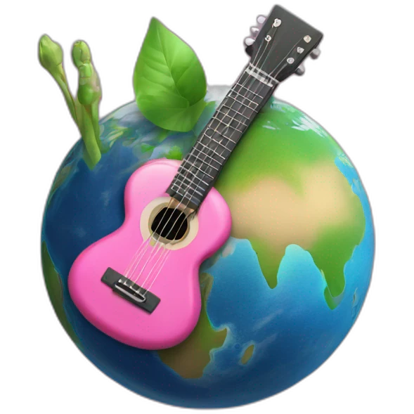 Big planet earth with a small guitar, a small green brush and a small pink skirt around emoji