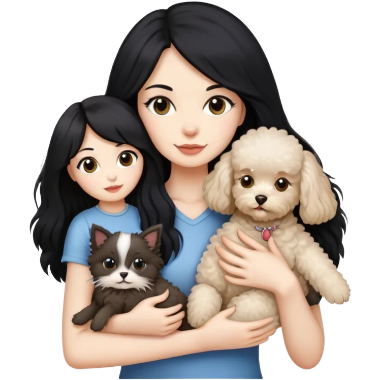 Lady with long black hair, holding 2 animals -a Ragdoll cat and a small poodle dog emoji