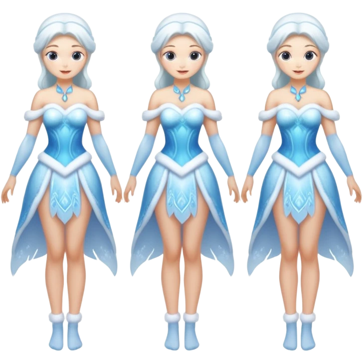 Four images of the same ice Snow Maiden character with two arms and two legs: front view, back view, side view, three-quarter view. Full body, translucent ice, winter fairy tale style, consistent design, clean anatomy. emoji