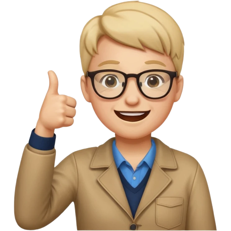 un estudiante que este parado con sus lentes guiñando el ojo y CON LAS MANOS HACIA ARRIBA DANDO LIKE emoji