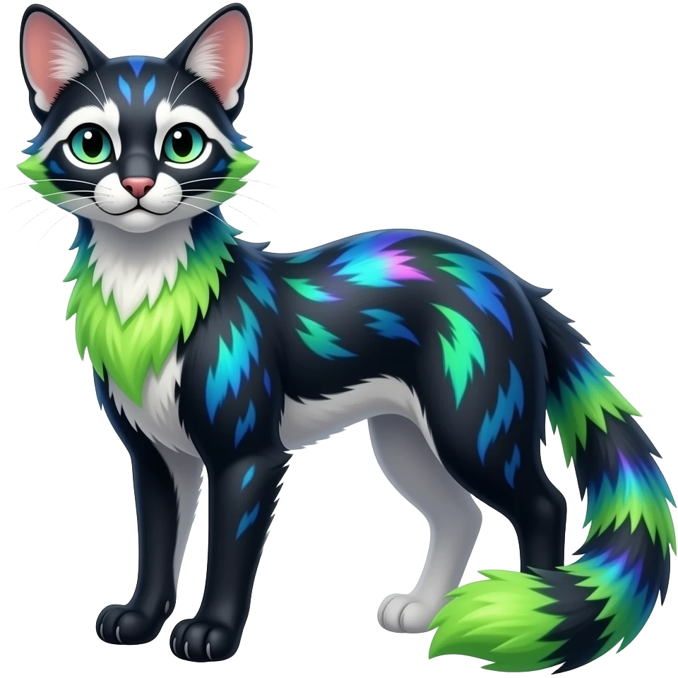 Colorful realistic silky smooth glossy tropical thin exotic beautiful lanky gradient-colored cobalt-blue-obsidian-black-neon-green-gradients, with white underside, iridescent glorious fantasy-civet-genet-Cacomistle-oncilla-animal-hybrid-fursona with pattern markings (full body) emoji