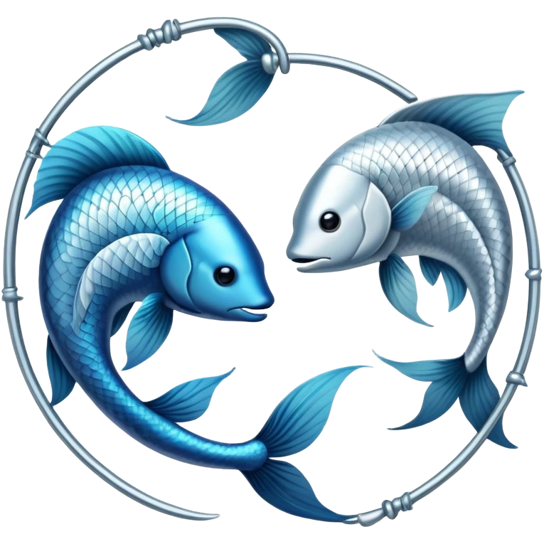 The zodiac symbol Pisces. Two fish in a “yin-yang” formation. One fish’s head is facing the other fish’s tail, and vice versa forming a hoop emoji