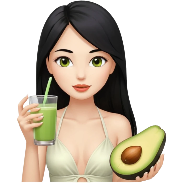 Long black hair with no bangs, very straight hair, pretty face. Wearing white plain halter top. Blushed cheeks, long lashes, nude glossy lips. One eyes with wink. One hand with avocado juice. emoji