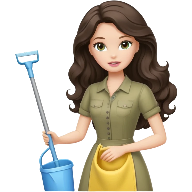 A white Barbie girl with long dark brown wave hair in a pale olive clothes doing cleaning emoji