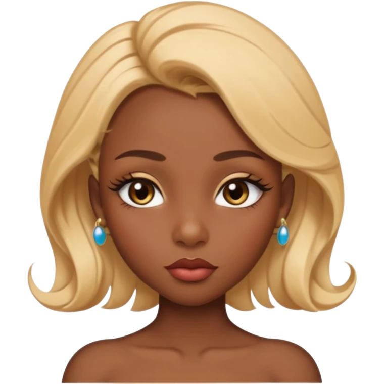 darkskin female with eyebrows that are naturally shaped and frame eyes well, eyes that are almond-shaped with defined lashes. nd lips are full with a defined cupid’s bow, add also a septum piercing that adds an edgy, stylish flair. a middle-part, honey blonde bust-down with laid baby hairs emoji