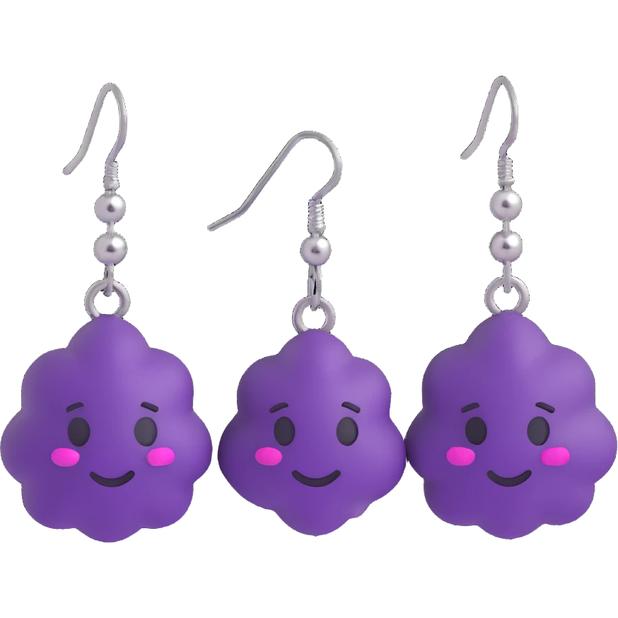 3D emoji-style purple and silver cluster earrings, vibrant and playful emoji
