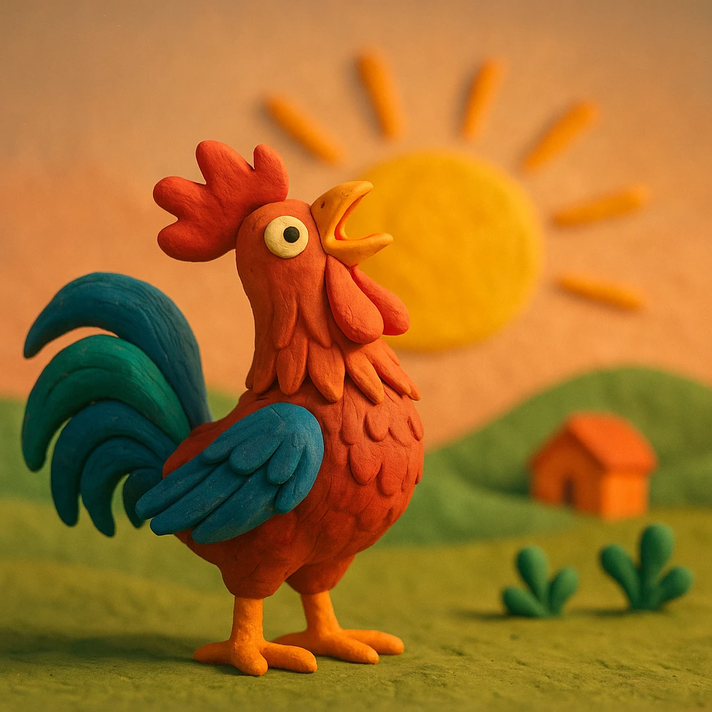 rooster crowing at sunrise, vibrant colors, soft lighting, detailed feathers in claymation style emoji