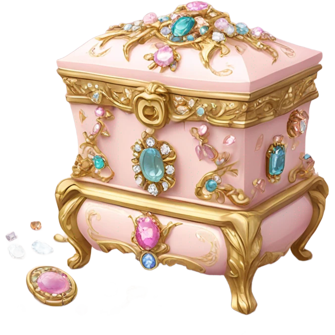 Pale Pink rococo style jewelry box filled with jewels and diamonds emoji