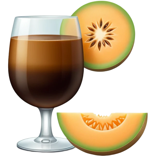 dark coffee carajillo drink in a glass with a slice of cantaloupe melon on the side emoji
