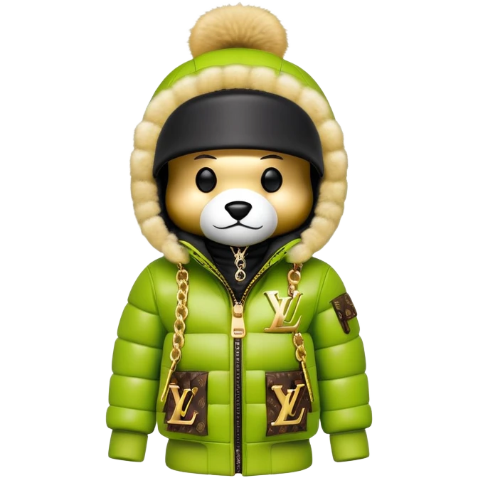 traditional cube-shaped bearbrick toy with squared head, lime balaclava with graffiti logos and integrated dark visor shield, Louis Vuitton monogram puffer jacket with plush fur hood trim, gold chains emoji