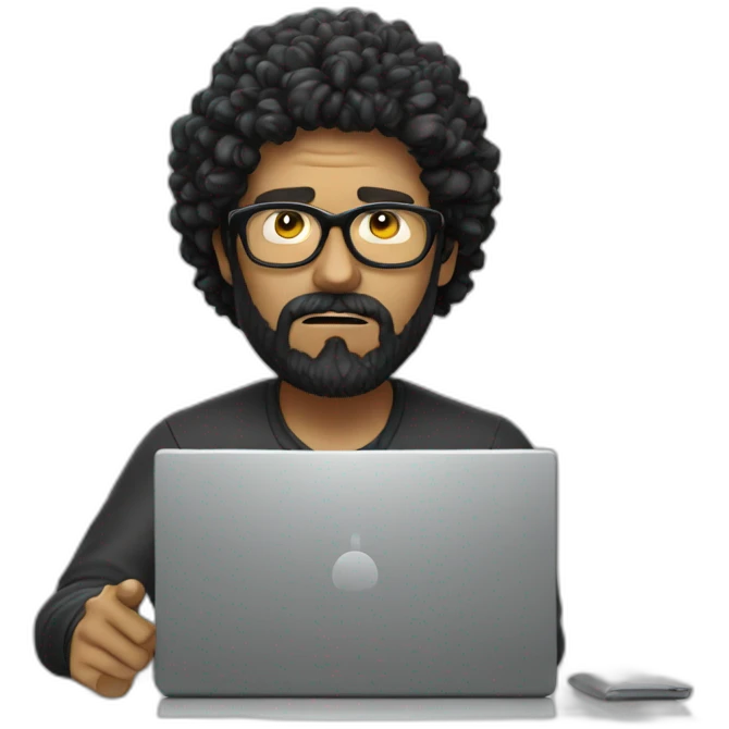 angry men with black curly hair and beard with golden glasses working on computer emoji