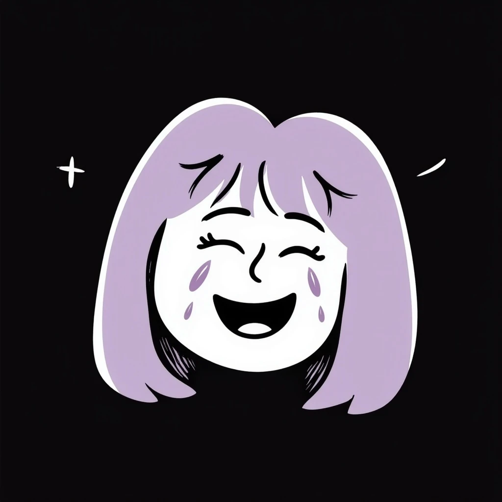 face with big smile and tears of joy emoji, hand-drawn chalk style, soft lilac color palette, rough doodle-like texture, looks like pastel chalk on a dark surface, aesthetic and emotional, suitable for Telegram channel emoji