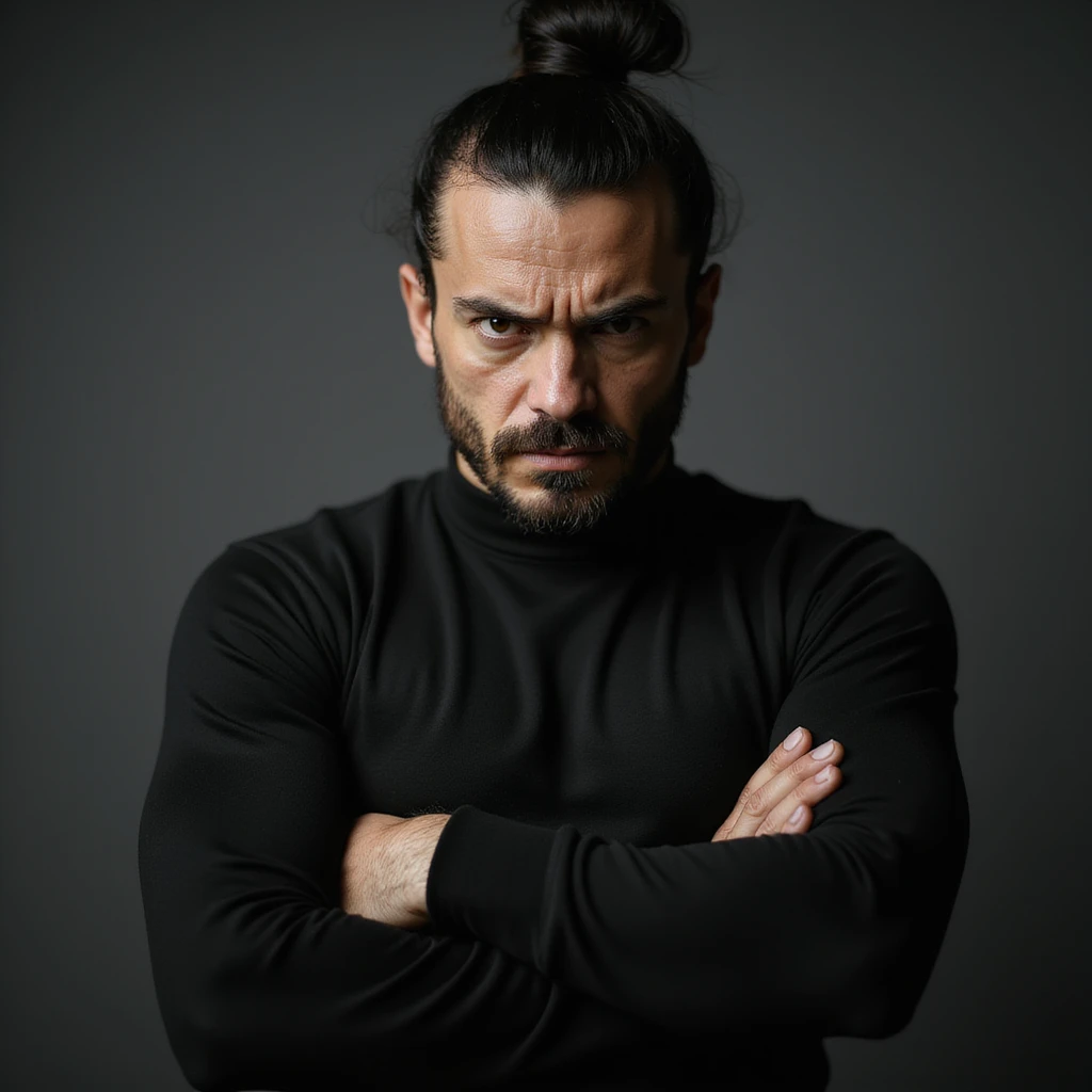 realistic style angry man with black bun hairstyle, arms crossed, dressed all in black emoji