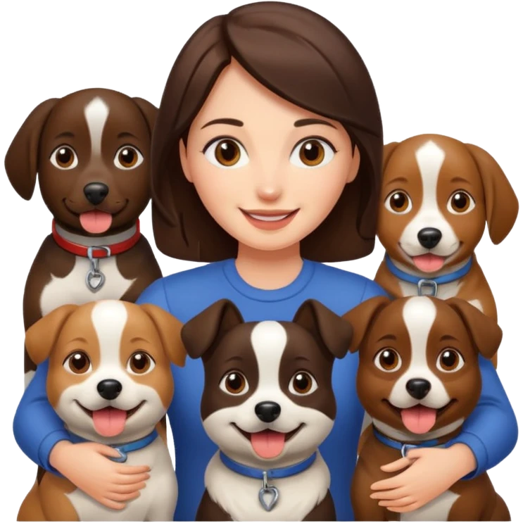 brunette woman surrounded by 4 dogs emoji