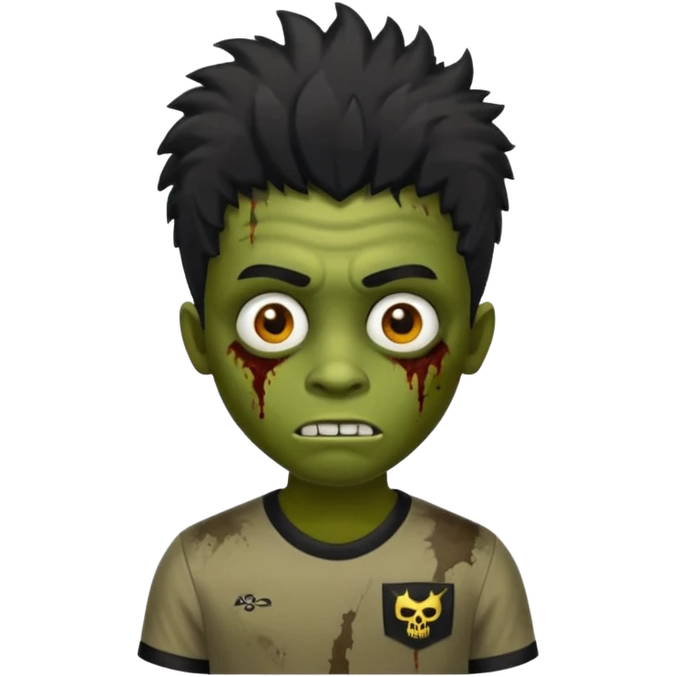 crie um zumbi menino bonito, com aparencia jovem igual, com cabelo preto, curto, com franja, o estilo do cabelo do zumbi seria o mesmo dos meninos de cabelo liso bagunçado do pinterest, faça ele com uma camisa preta emoji