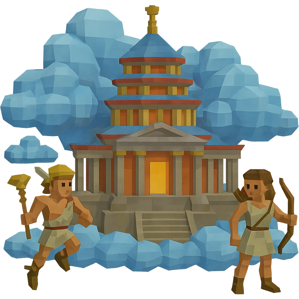 Add Greek gods like Hermes and Artemis around the Olympian temple in a low poly 3D style, keep the background transparent. emoji