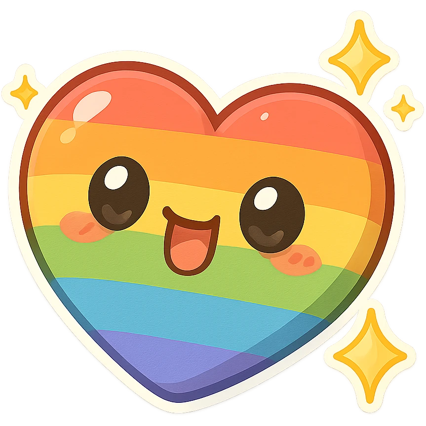 chibi sticker-style rainbow heart with sparkles, cute and exaggerated emoji
