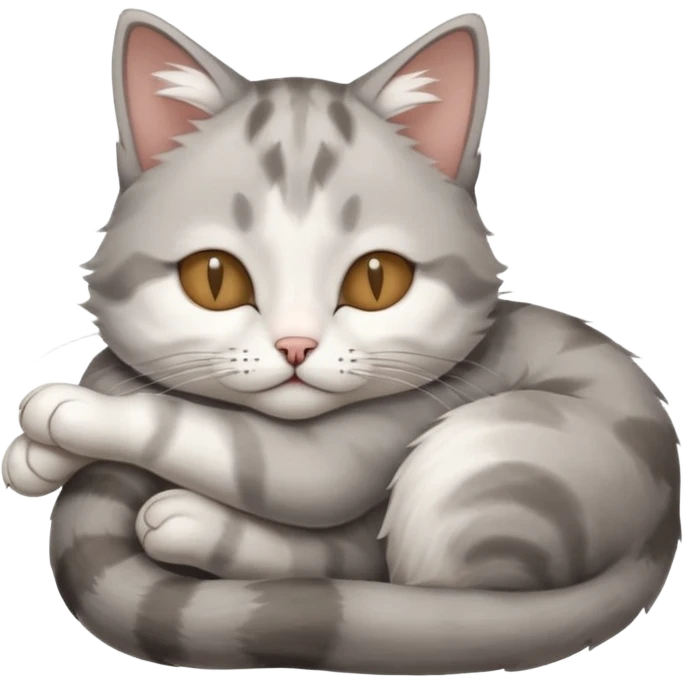 grey and white small cat with its eyes closed lying down with its paw curled and holding up his head emoji