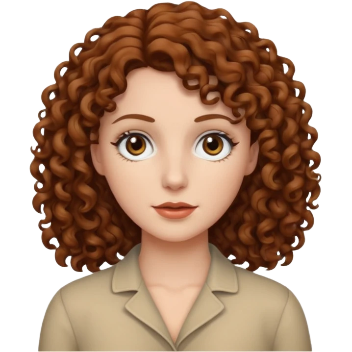 A white woman with brown curly hair and black eyes emoji