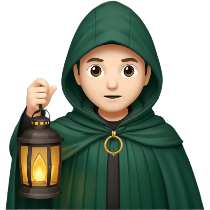 traitor tv show, person wearing dark green cloak with hood up who looks evil and is holding up a lantern emoji