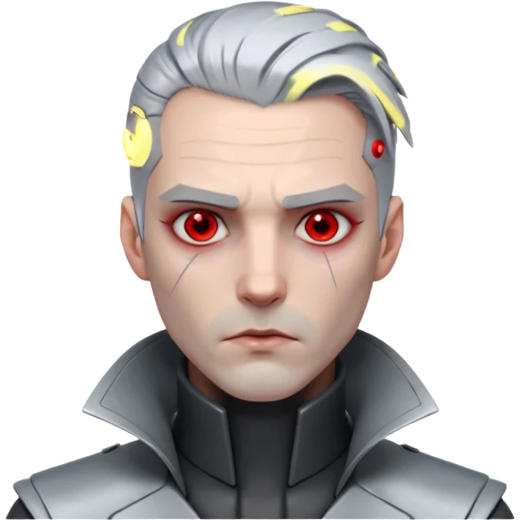 Cyberpunk man, grey slicked hair, silver metal thick  prosthetic jawline, red eyes, cold expression, clinical lighting emoji