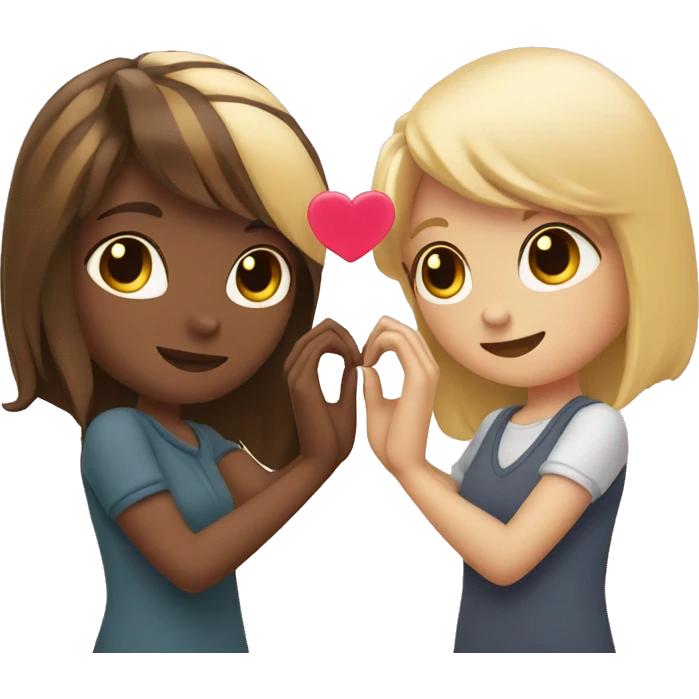Two blonde and brunette friends make a heart with their hands together emoji