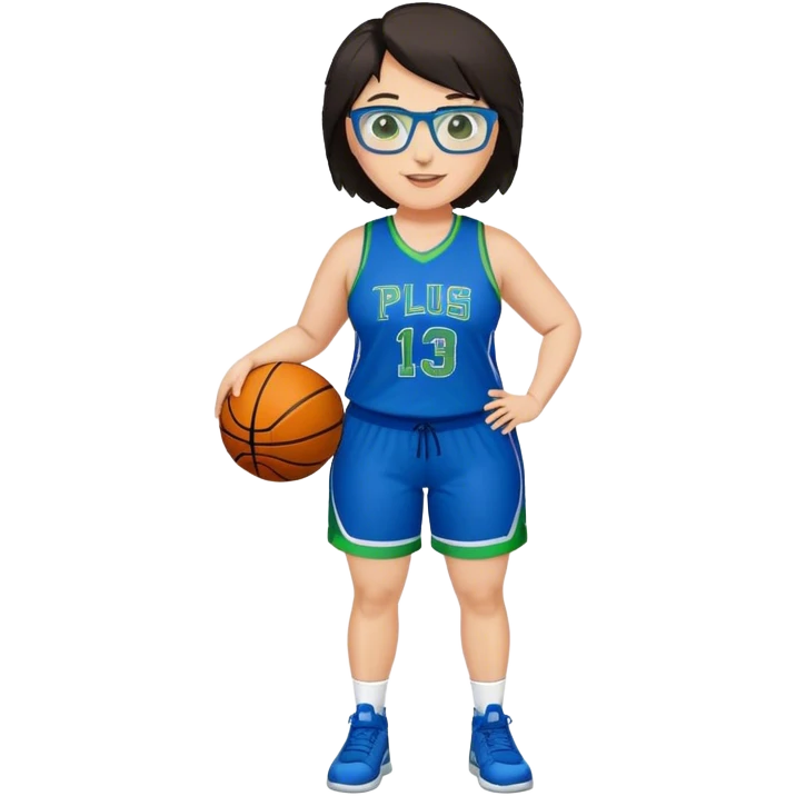 Full Body plus size white female basketball player with short dark hair with highlights spike hair wearing blue glasses  wearing blue green uniform smiling emoji
