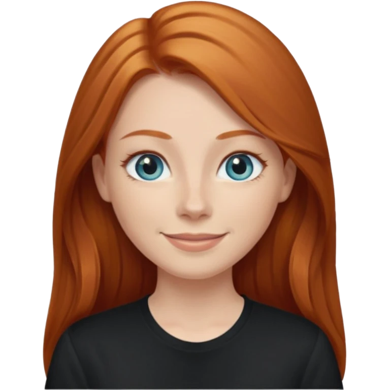 Ginger head woman with long hair and lightblue eyes, straight nose, almond eyes, black shirt,  emoji
