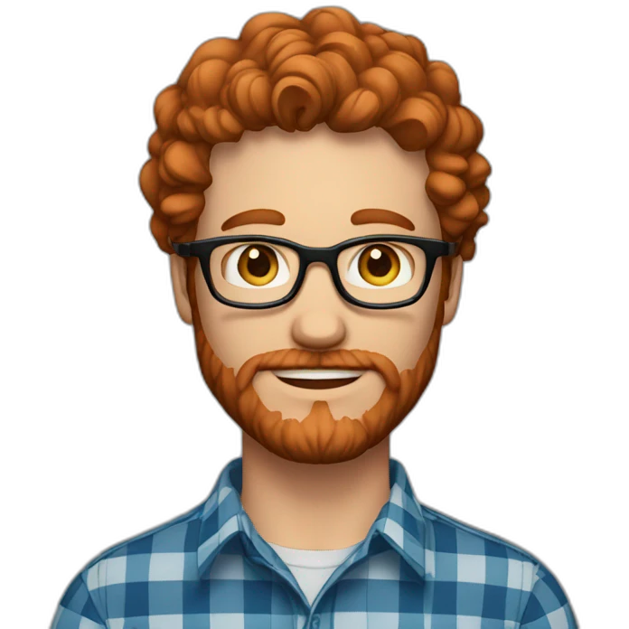 man around 25 with blue eyes with redhead short mid-curly hair. with beard and glasses. scarlet checked shirt emoji