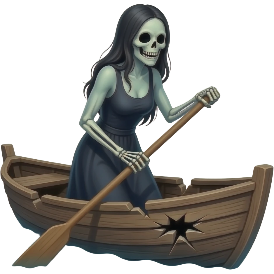 cinematic - a broken boat with a terrifying female apparition rowing emoji