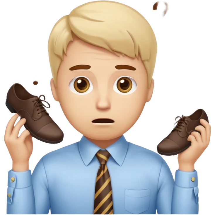 ordinary Russian office worker emoji, clumsy and confused face, 📎 stuck in hair, coffee stain on tie, one shoe untied, huge eyes with question marks, minimal emoji style, thick outlines, bright pastel colors, kawaii flat design emoji