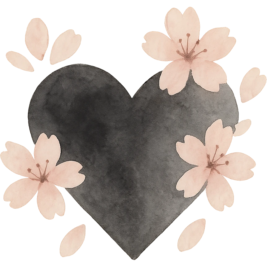 goth sakura heart, watercolor effect, black heart with pink sakura petals, dreamy and moody atmosphere emoji