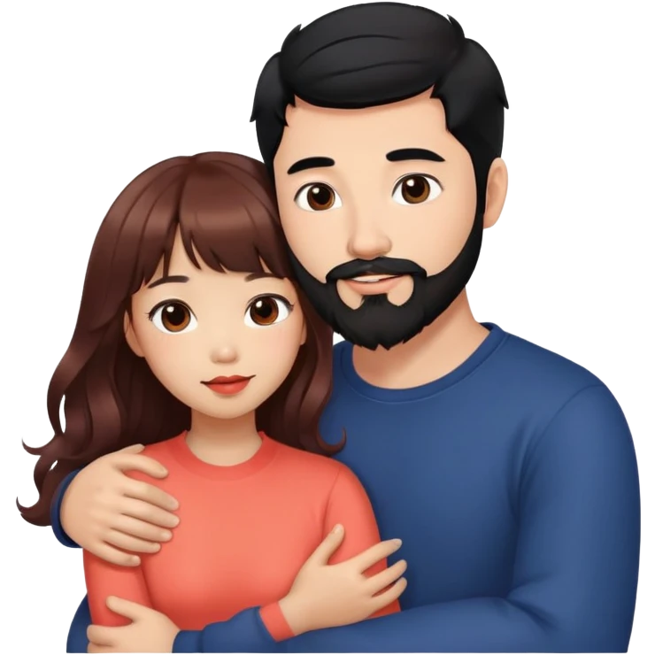 handsome mixed white asian man with black hair and beard, hugging cute tan skin girl with long wavy reddish brown hair with bangs and coral lipstick emoji