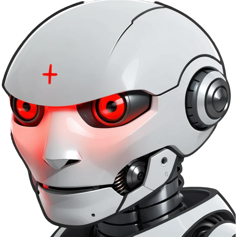 A sleek robot head with a glowing red crosshair over one eye  emoji