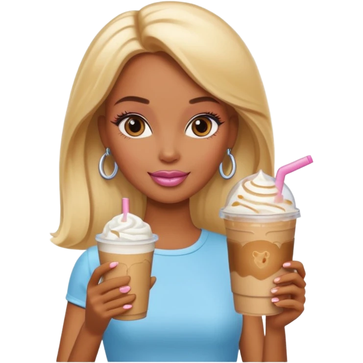 brown skin blonde barbie with iced latte emoji
