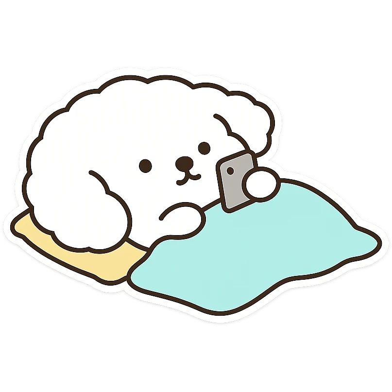 Create a WhatsApp sticker style image of a dog lying down with a cellphone. Remove the background completely so only the dog and cellphone remain. Add a white border around the dog and cellphone for a sticker effect. Keep the original colors of the dog and cellphone intact. Remove any rainbow or extra colorful glow effects from the image. emoji