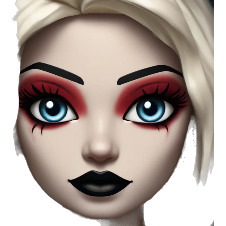 Arabic Lego  in Harley Quinn style, oil paint, mysterious eyes, intricate lips, masterpiece portrait, odd perspective, beautiful, desirable, logical emoji