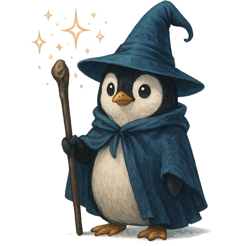 penguin wizard holding a staff wearing a pointed hat with magical sparkles emoji